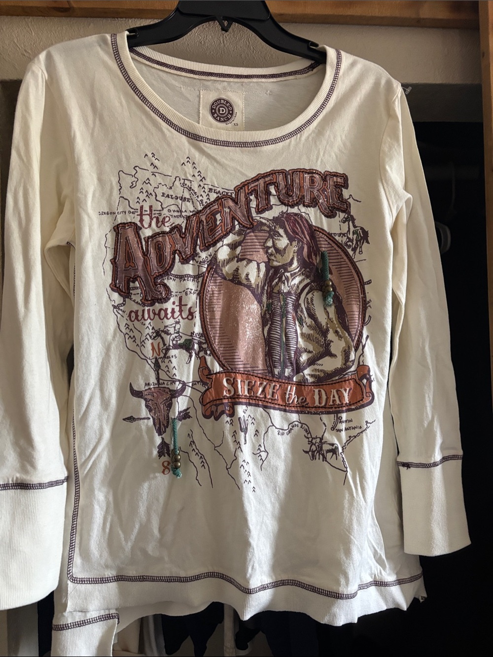 Double D Ranch Cream Long Sleeve Tee with Brown & Teal Graphic Accents
